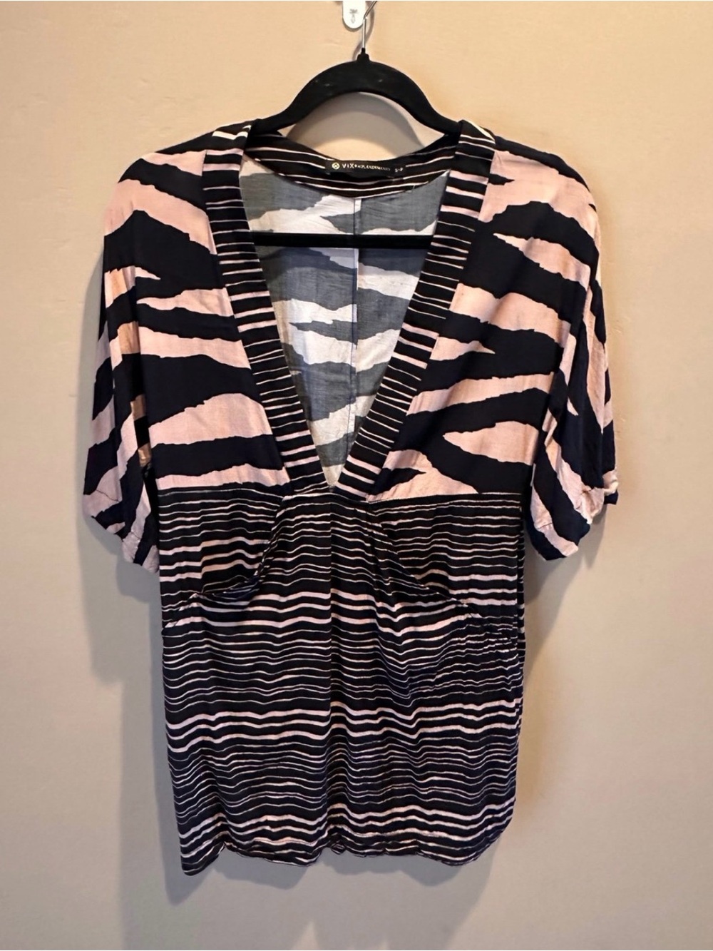 Vince Camuto Black and Blush Striped V-Neck Swim Cover-Up